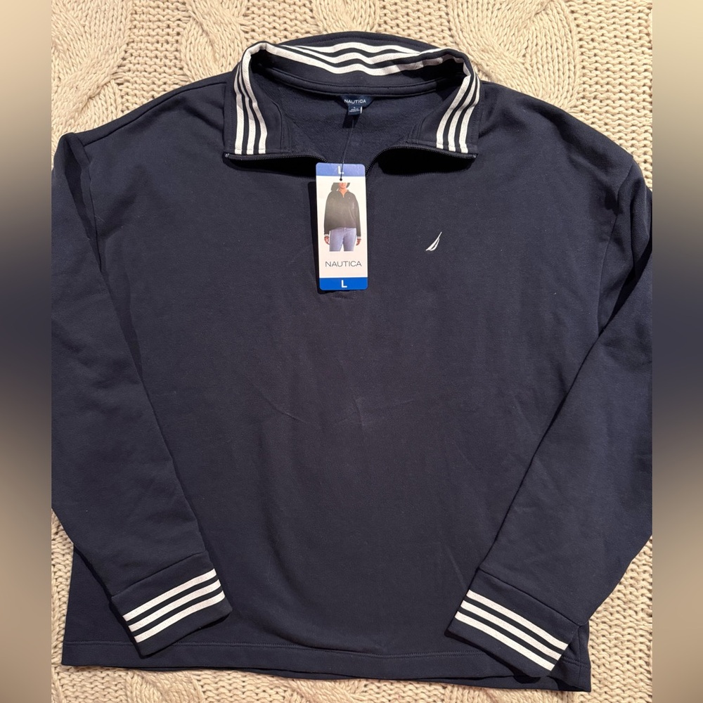 Nautica womens Navy Shirt with Striped Collarโ NeW